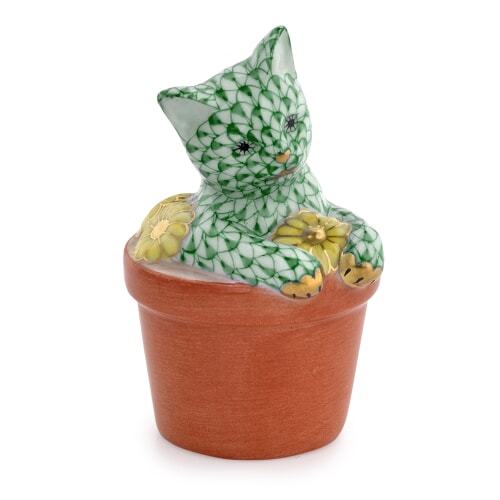 Herend Flower Pot Kitty, Forest Green