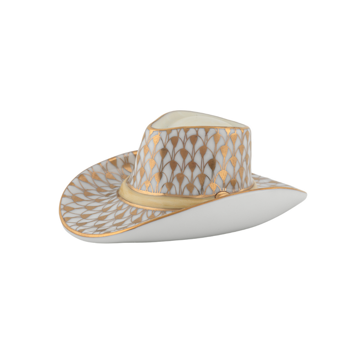 Herend limited edition cowboy hat with a gold and white fishscale detail on the crown and brim.