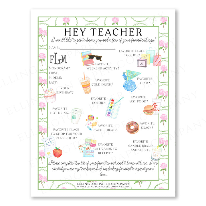 Ellington Paper Company Teacher Wishlist, Pink Hydrangea Pattern with Favorite Snack Option