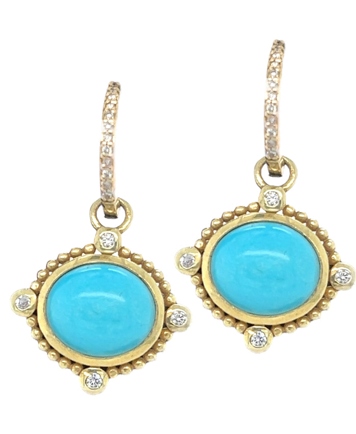 14KT Green Gold Earring Hoops with .16 Diamond and Turquoise