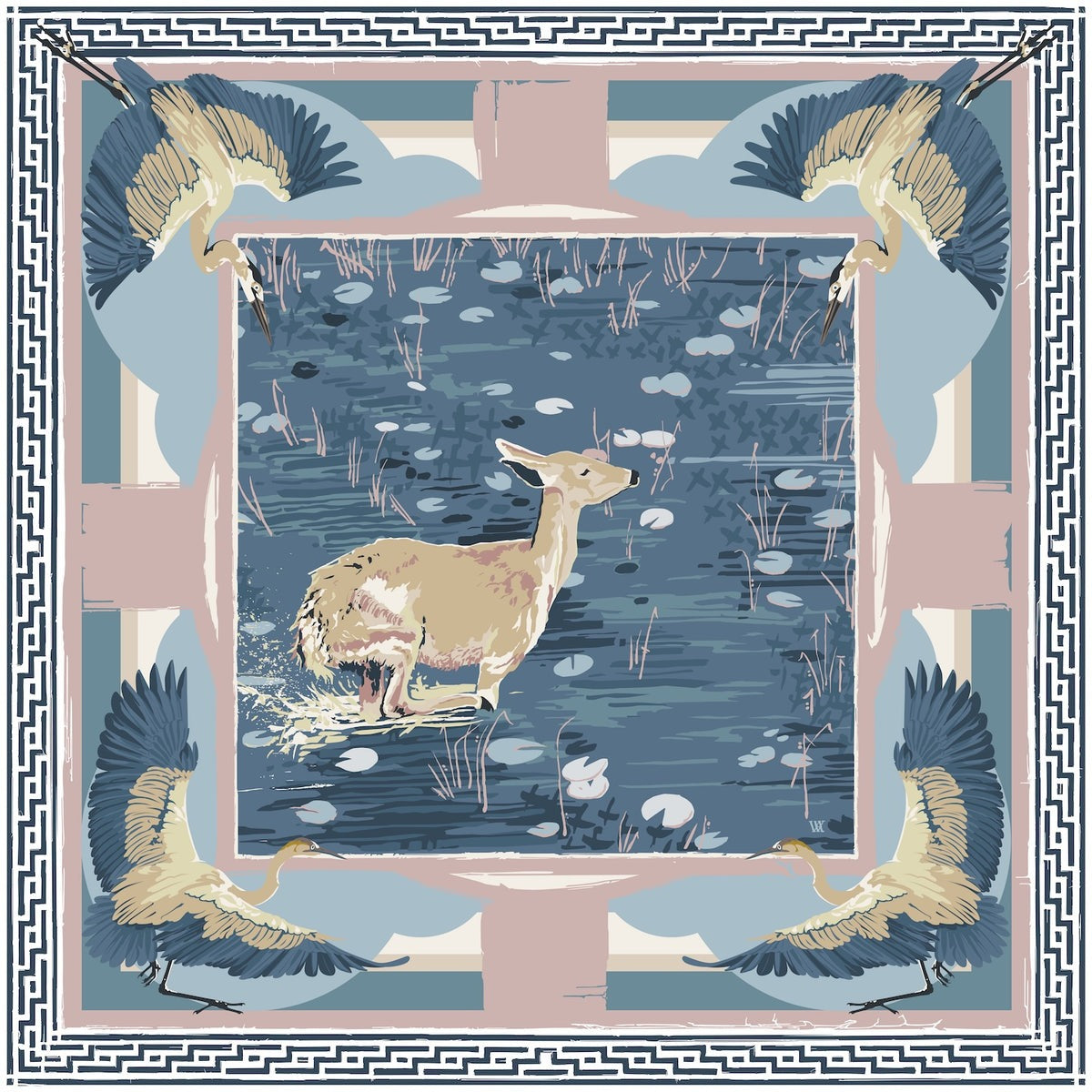 Austin Williams Art Blue Lily Pad Doe - Double - Sided Silk Scarf 35x35