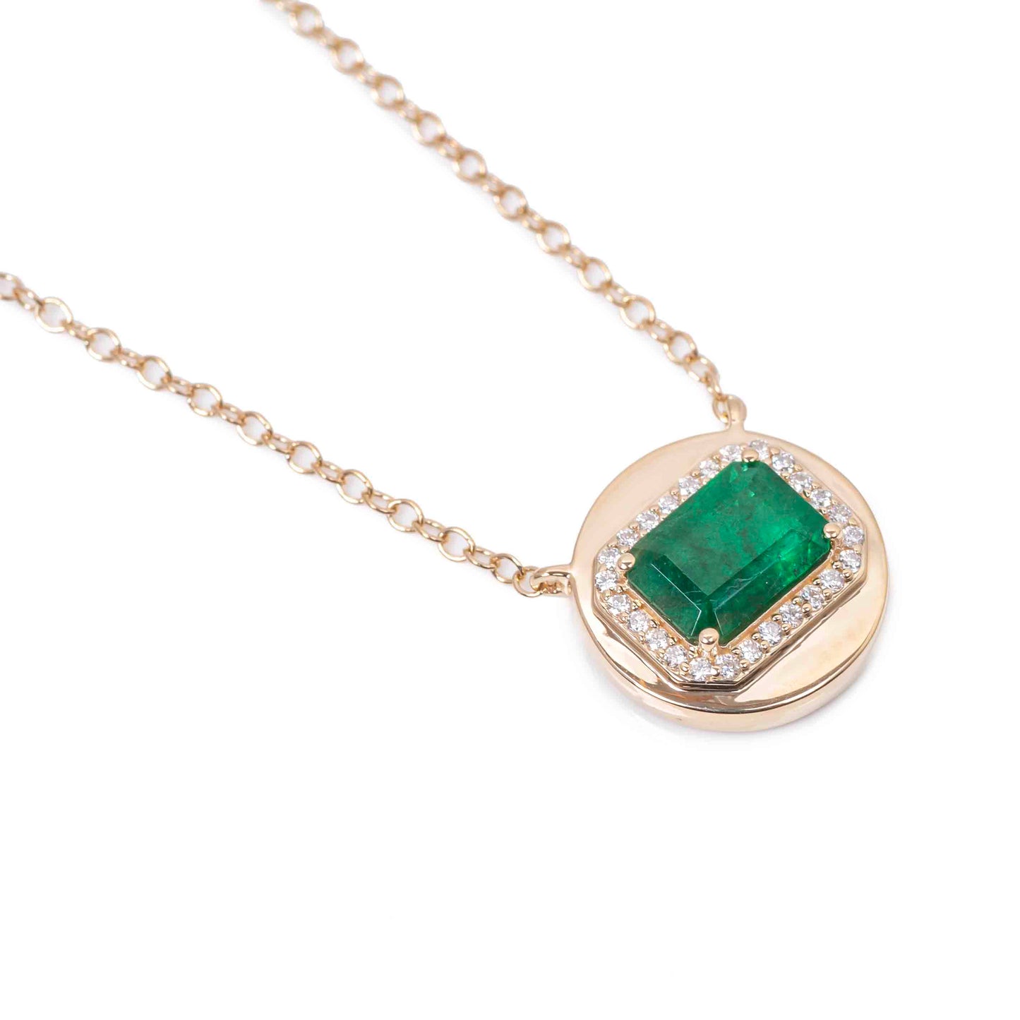 Emerald Cut Emerald with Diamond Halo Necklace