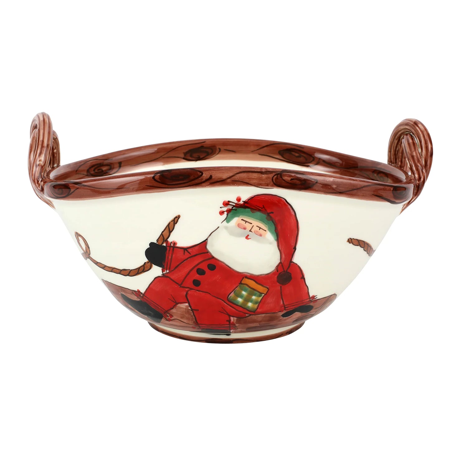 Vietri Old St. Nick Large Handled Oval Bowl with Sleigh