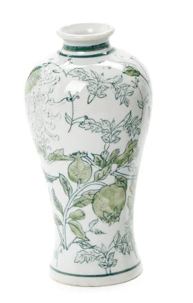 Primrose and Lotus Hand-Painted Green and White Chinoiserie Vases