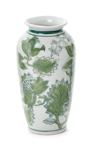 Primrose and Lotus Hand-Painted Green and White Chinoiserie Vases