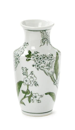 Primrose and Lotus Hand-Painted Green and White Chinoiserie Vases