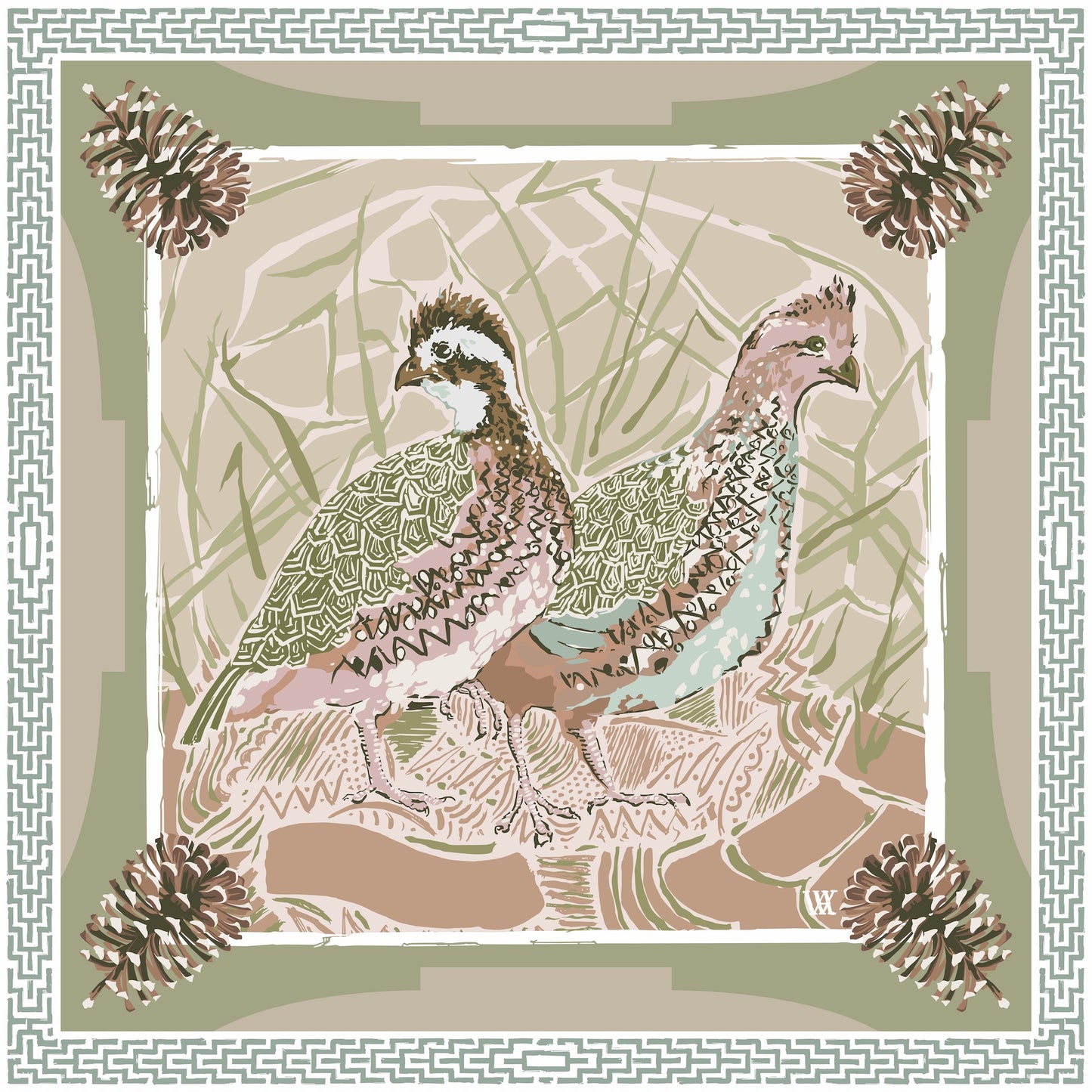 Austin Williams Art Pink Quail Pair - Double-Sided Silk Scarf 35x35