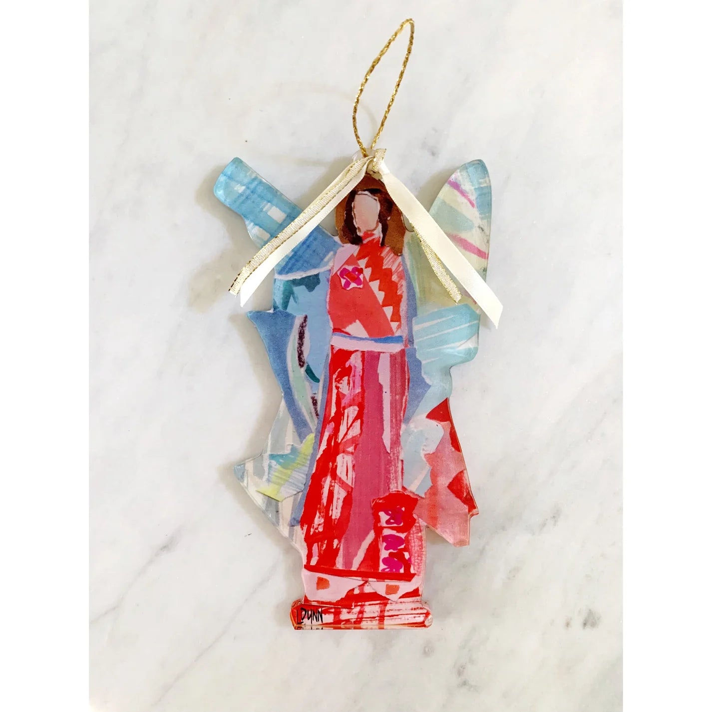"Good News" Angel Acrylic Ornament, Red with Blue Wings