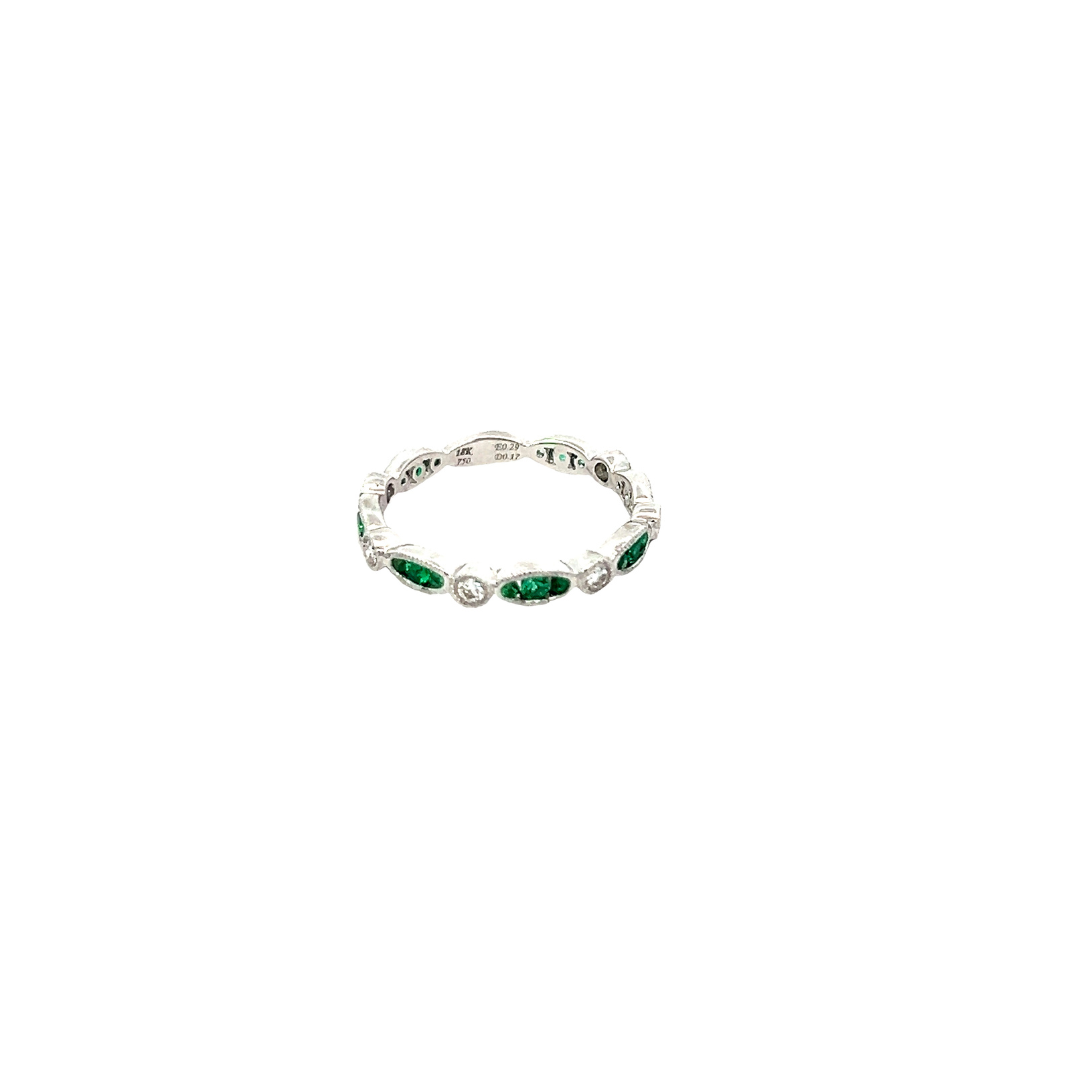 18KWG Diamond and Emerald Band, .19ctw/.27ctw