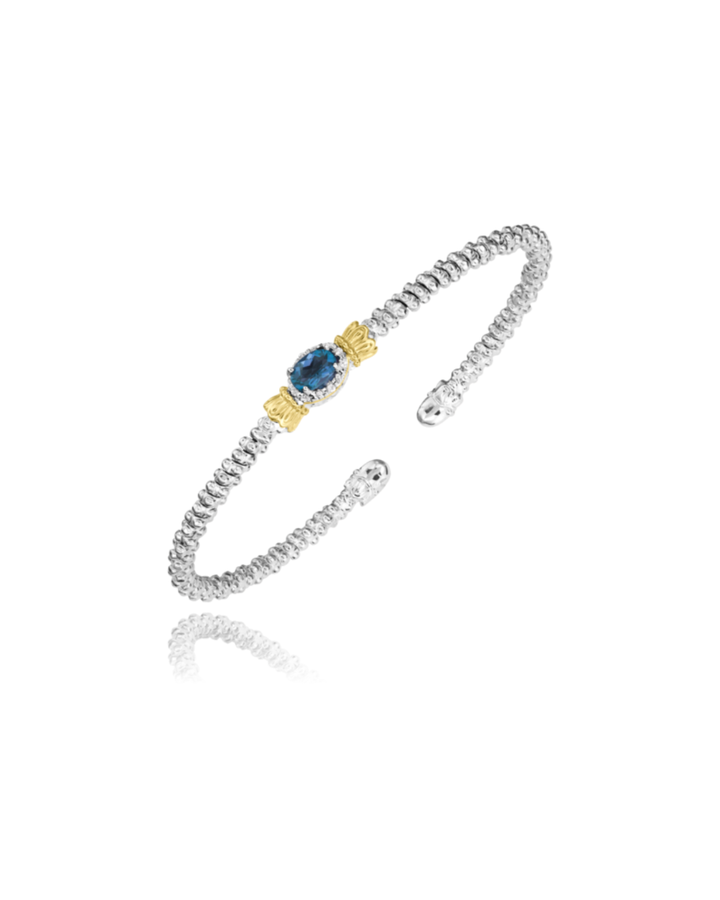 2MM Closed Band Bracelet, 0.06CT with Oval London Blue Topaz 14KT Yellow Gold and Sterling Silver