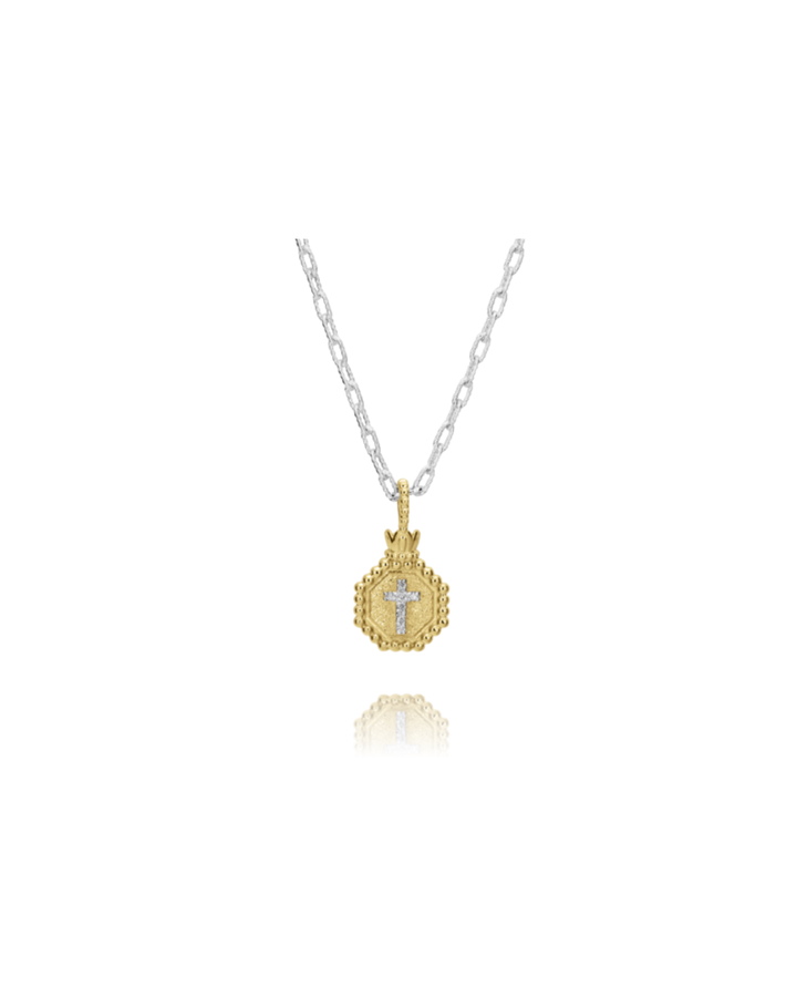 VAHAN Pendant with 18" Chain, 0.03CT 14KT Yellow Gold and Sterling Silver Cross