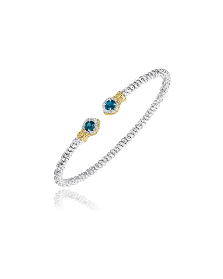 2MM Open Band Bracelet, Diamond and London Blue Topaz 14KT Yellow Gold and Sterling Silver