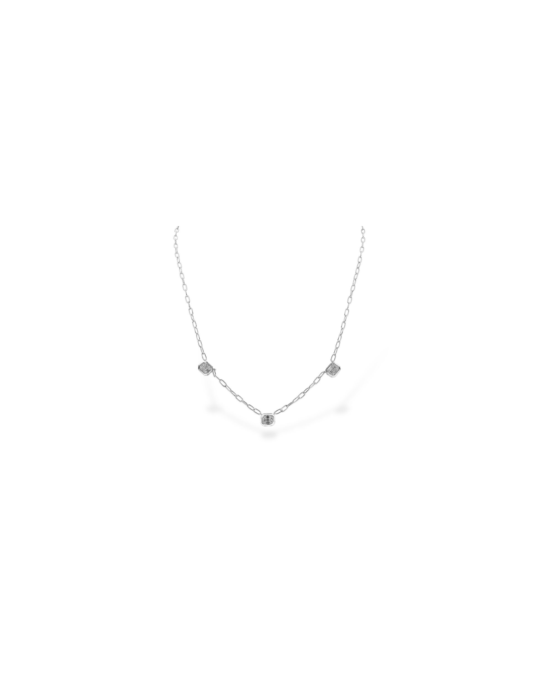 14KW Three Diamond Bezeled Necklace With Paperclip Chain