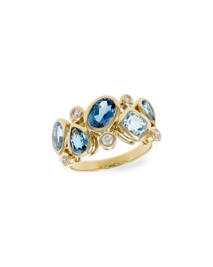 14KY Cluster Diamond and Blue Topaz Ring