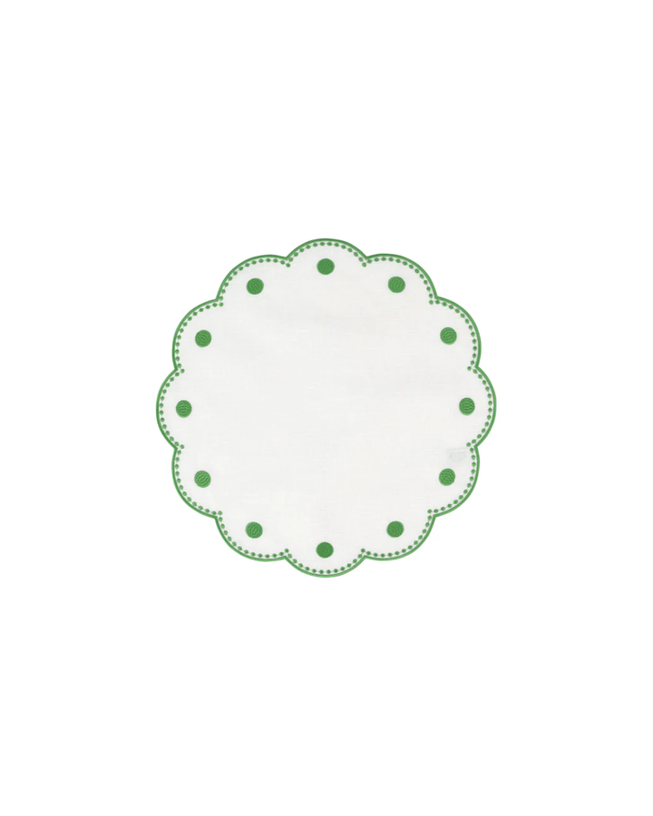 Tessuti White Round Placemats with Sage Green Dots, sets of 4