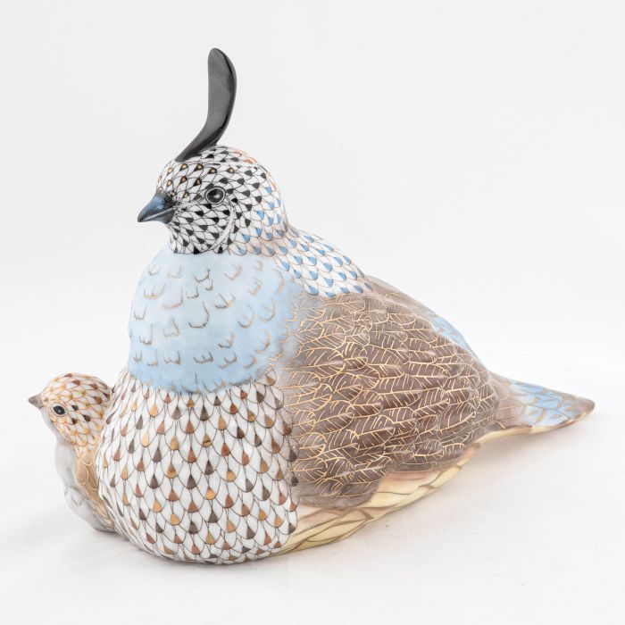 Herend Mother & Baby Quail, Multicolor