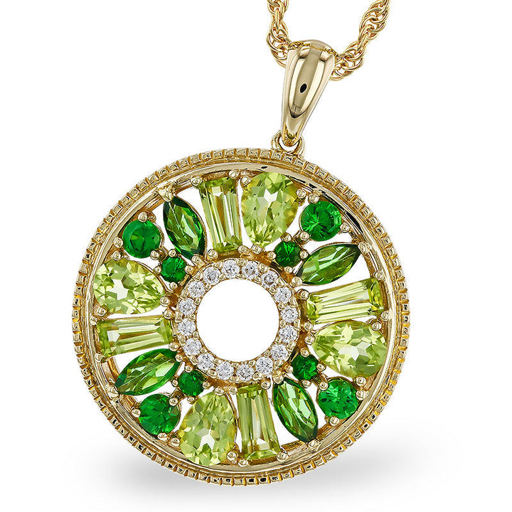 14KT YG Green Garnett and Peridot Round Necklace