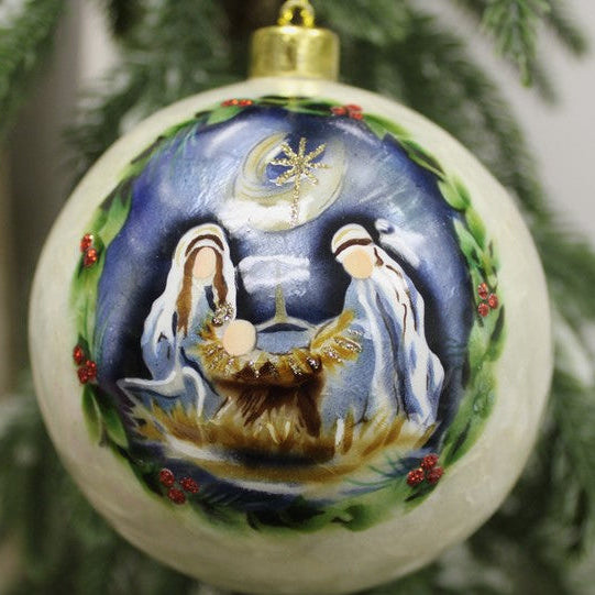 Trade Cie Handpainted Capiz Ball Ornament, Holy Family Midnight Sky