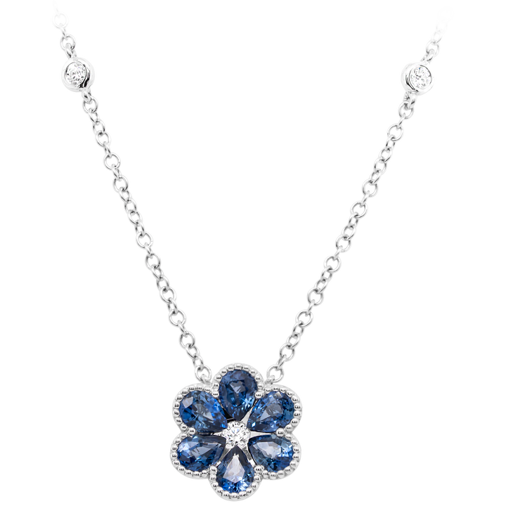 14KW Sapphire Diamond Flower Pendant w/Chain 18"