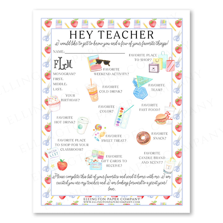 Ellington Paper Company Teacher Wishlist, School Days Pattern with Favorite Snack Option
