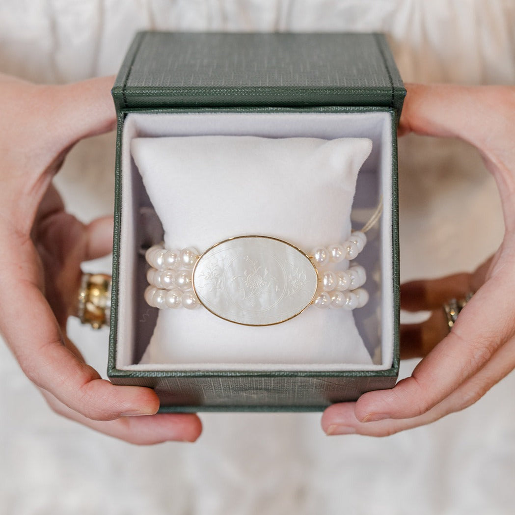 Triple Strand Pearl Bracelet with Oval Counter