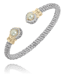4MM Open Band Bracelet 0.15CT 14KT Yellow Gold & Sterling Sliver 2X5-6MM Round Button White Pearl