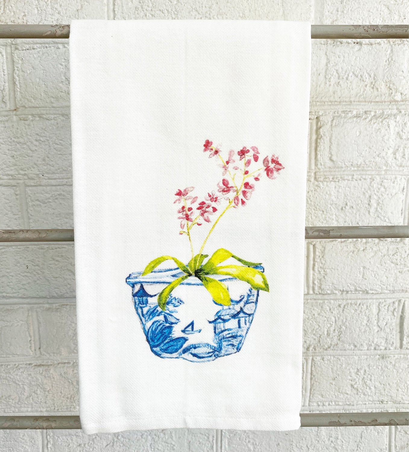 Watercolor Pink Orchid in Ginger Jar Tea Towel