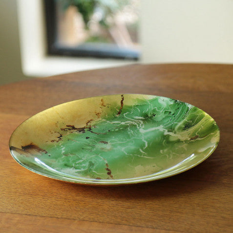 Beatriz Ball NEW ORLEANS Glass Green and Gold Marble Large Round Platter, large