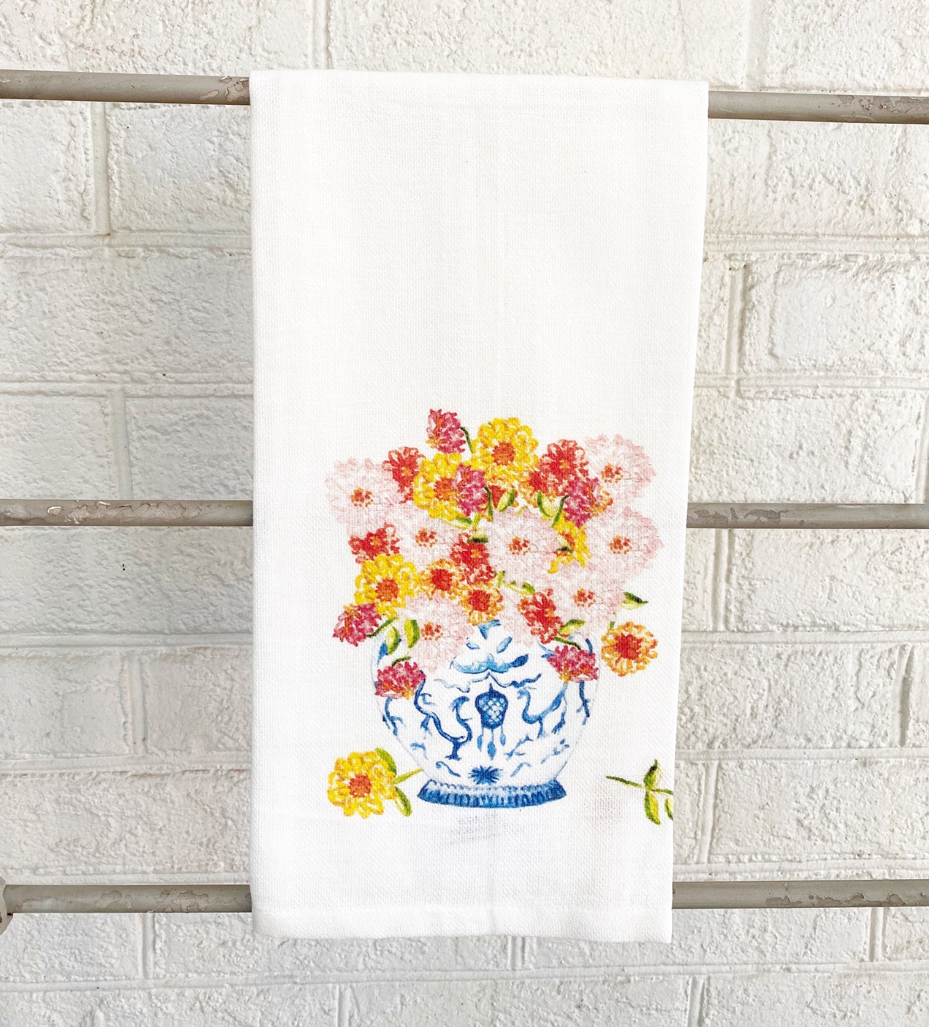 Watercolor Ginger Jar with Zinnias Tea Towel