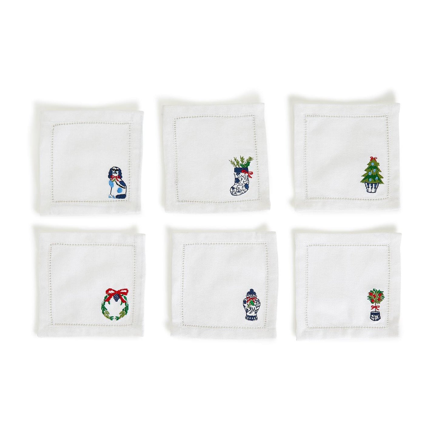 Blue and White Set of 6 Holiday Cocktail Embroidered Napkin