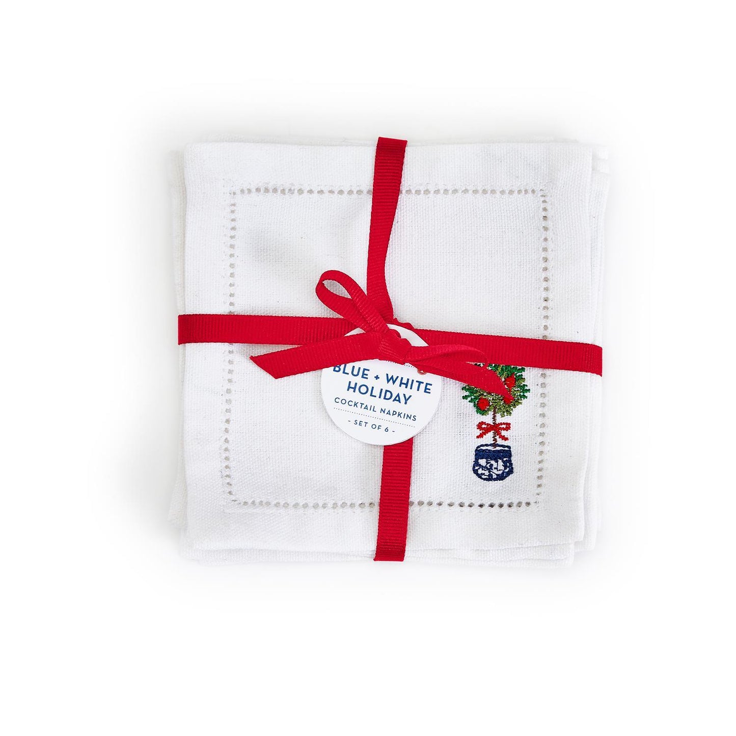 Blue and White Set of 6 Holiday Cocktail Embroidered Napkin