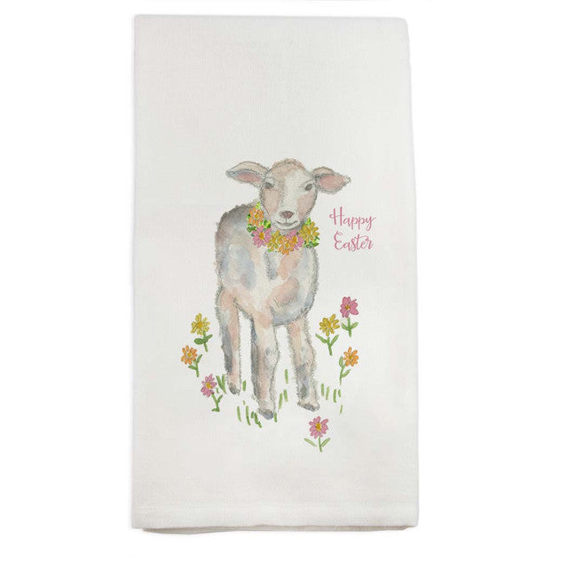 Watercolor Lamb with Flowers Tea Towel