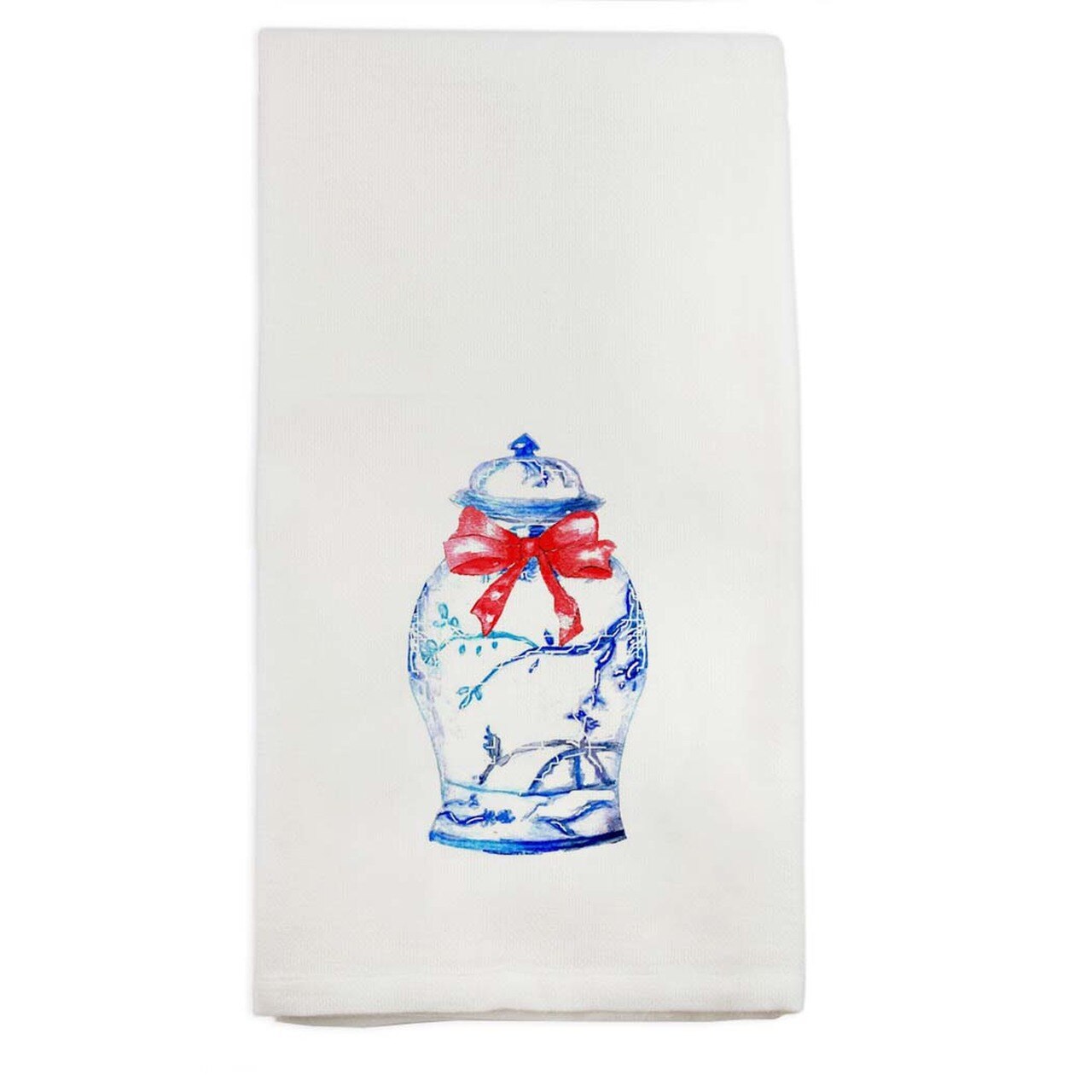 Watercolor Ginger Jar with Red Bow Tea Towel
