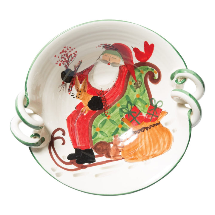 Vietri Old St. Nick Scallop Handled Bowl with Sleigh