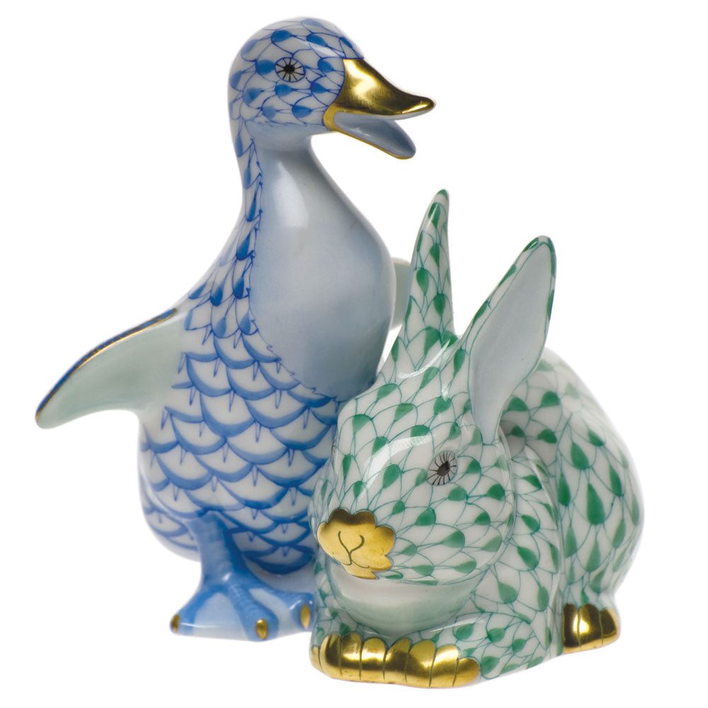Herend Duckling & Bunny, Blue & Green