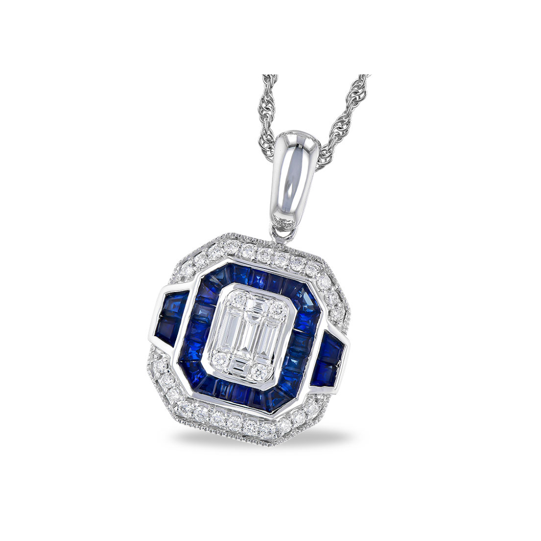 14K WG Antique Sapphire and Diamond Pendant w/Chain