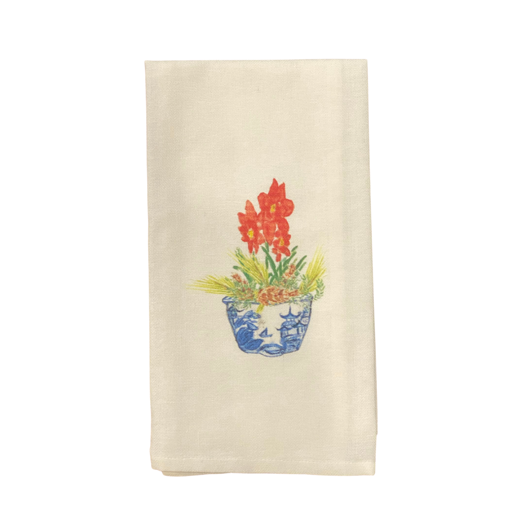 Watercolor Blue and White Bowl with Christmas Flower Tea Towel