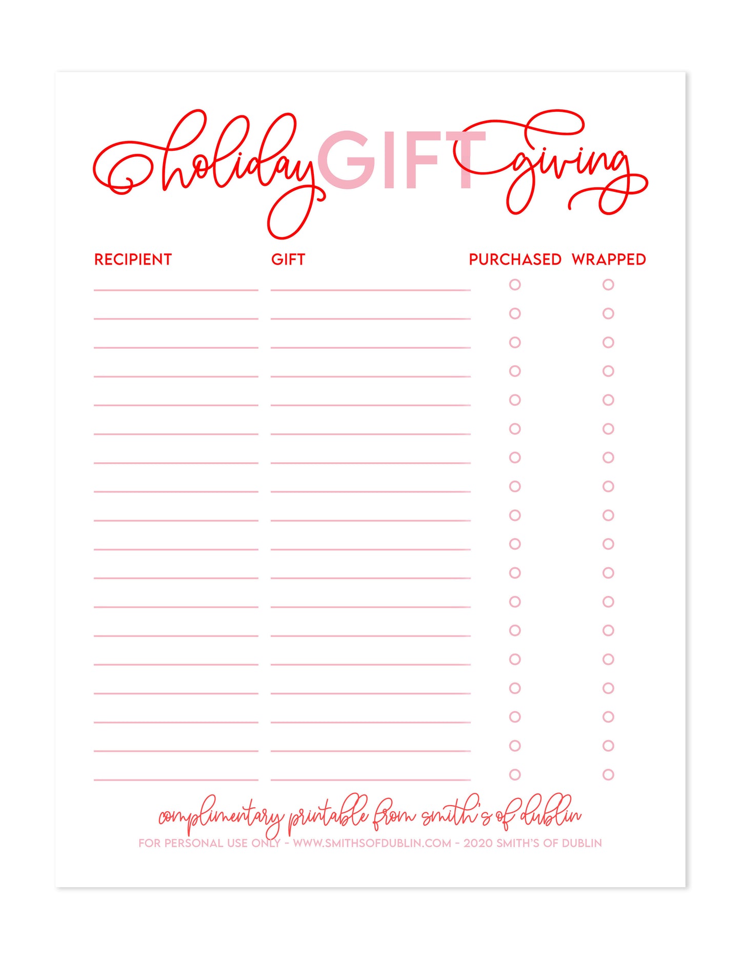 Holiday Gift Giving List Printable