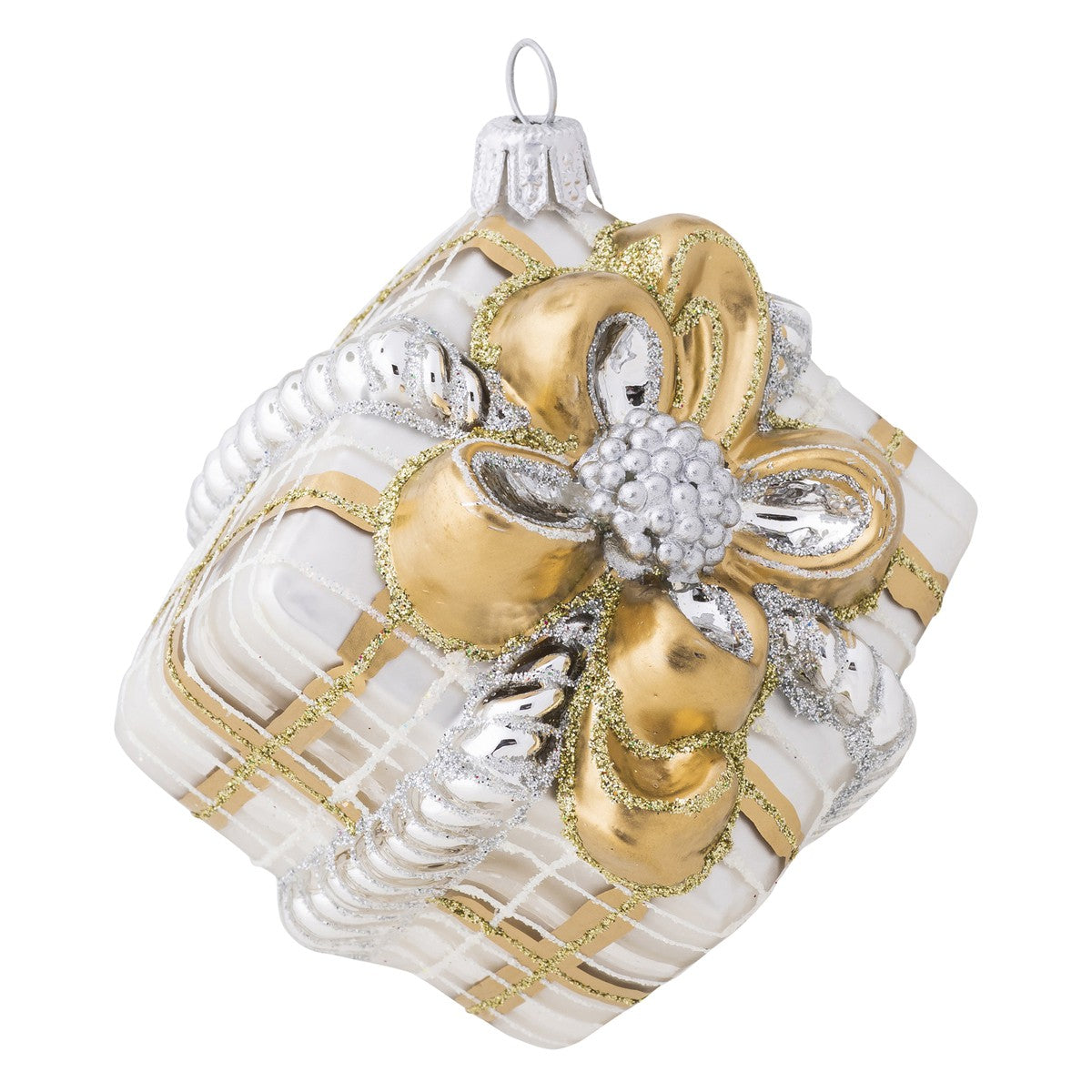 Juliska Berry & Thread Gold & Silver Tartan Present Glass Ornament